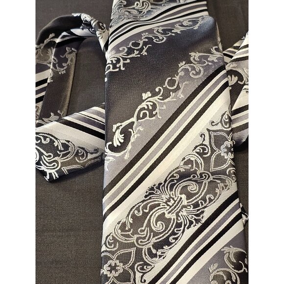 Karl Knox Mens Silver & Black Floral Stripe Necktie - Picture 10 of 10